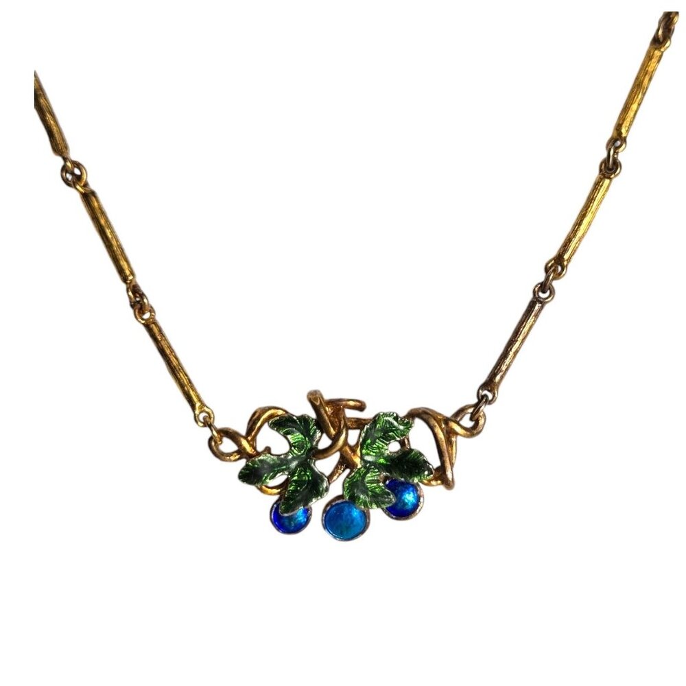 Rare MMA Gold Vermeil Sterling Blue Green Enamel Grapes Necklace‎ Beautiful 18"